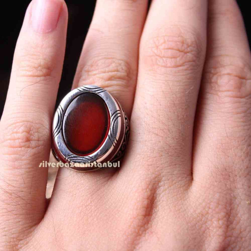 Jewelry 925 Sterling Silver Red Agate Aqeeq Oval Mens Ring silverbazaaristanbul 