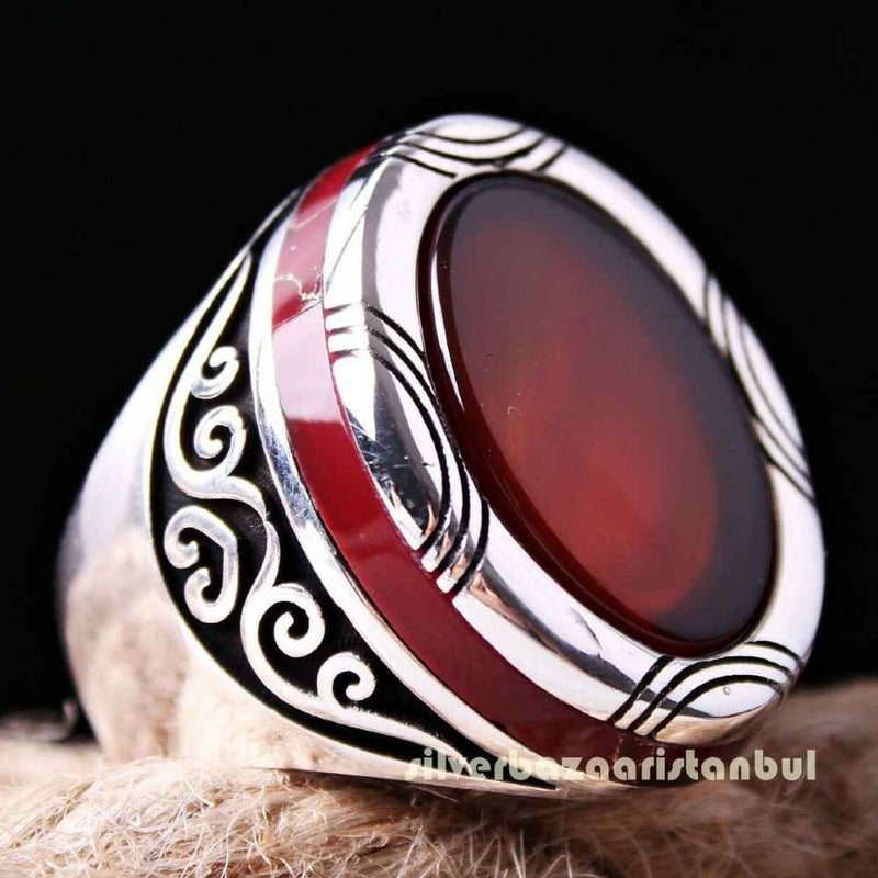 Jewelry 925 Sterling Silver Red Agate Aqeeq Oval Mens Ring silverbazaaristanbul 