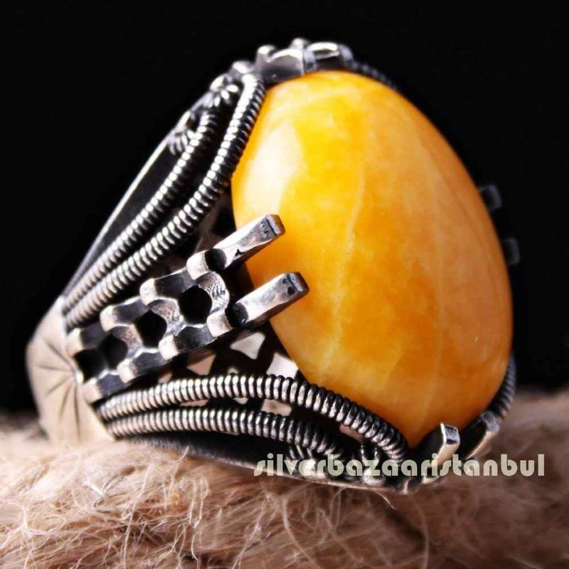Jewelry 925 Sterling Silver Yellow Agate Aqeeq Mens Man Ring silverbazaaristanbul 