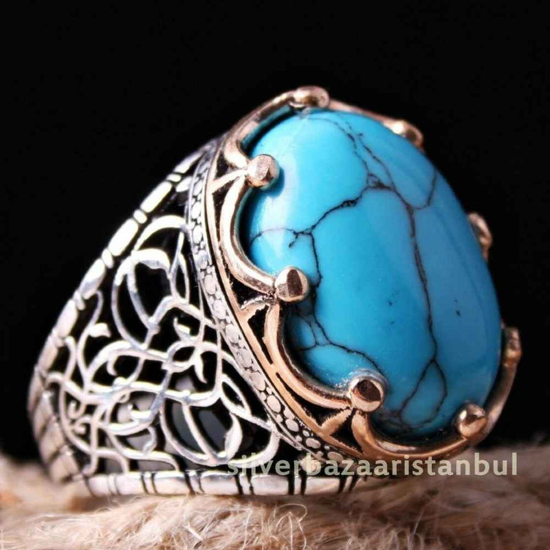 King Turquoise Stone Jewelry 925 Sterling Silver Mens Ring silverbazaaristanbul 
