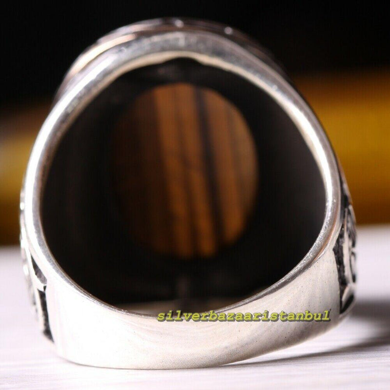 Leaf Design Natural Tigers Eye Stone 925 Sterling Silver Mens Ring silverbazaaristanbul 