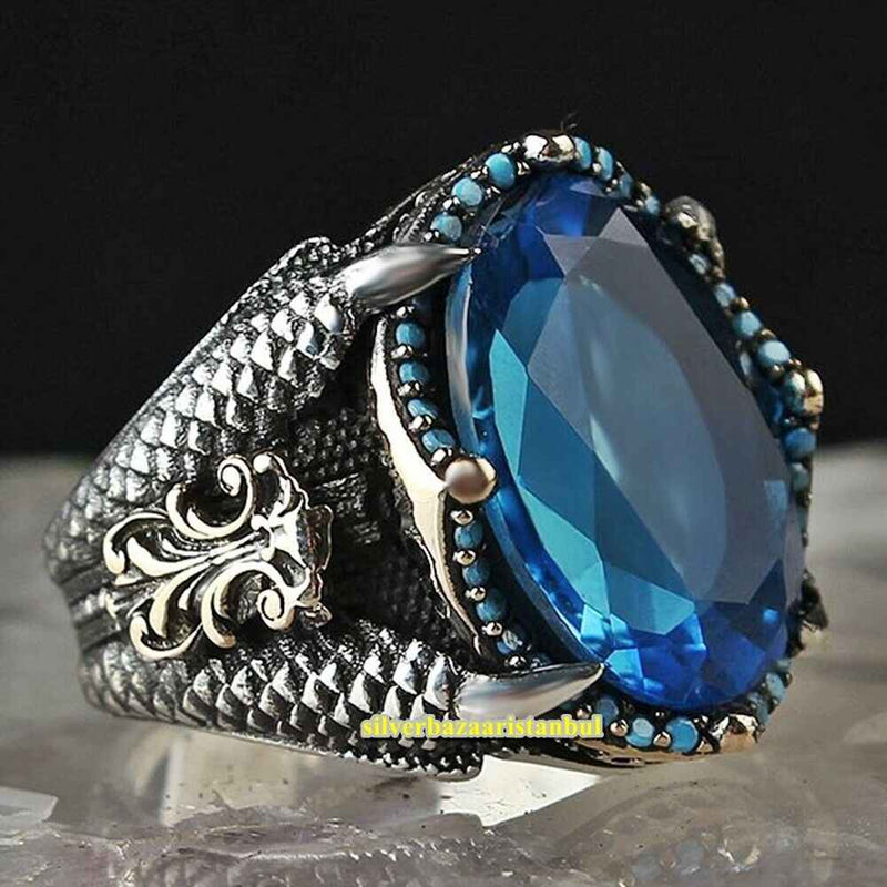 Lion Claw Handmade 925 Sterling Silver Aquamarine Vintage Mens Ring silverbazaaristanbul 