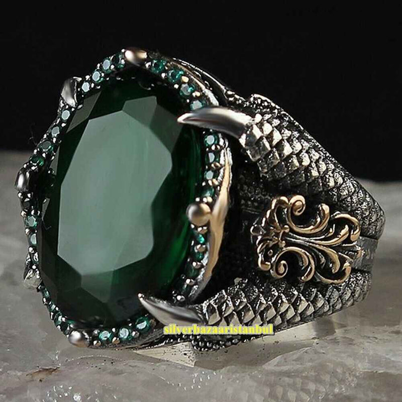 Lion Claw Handmade 925 Sterling Silver Green Emerald Vintage Mens Ring silverbazaaristanbul 