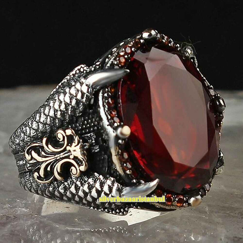 Lion Claw Handmade 925 Sterling Silver Red Ruby Vintage Mens Ring silverbazaaristanbul 