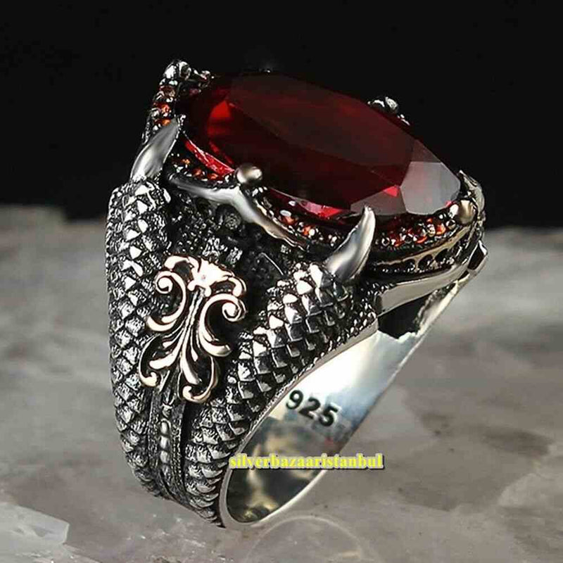 Lion Claw Handmade 925 Sterling Silver Red Ruby Vintage Mens Ring silverbazaaristanbul 