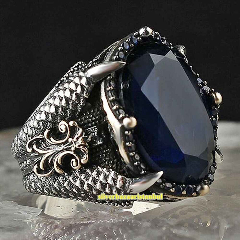 Lion Claw Handmade 925 Sterling Silver Sapphire Vintage Mens Ring silverbazaaristanbul 