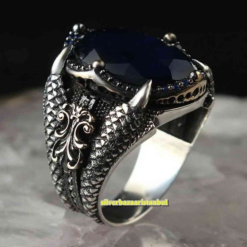 Lion Claw Handmade 925 Sterling Silver Sapphire Vintage Mens Ring silverbazaaristanbul 