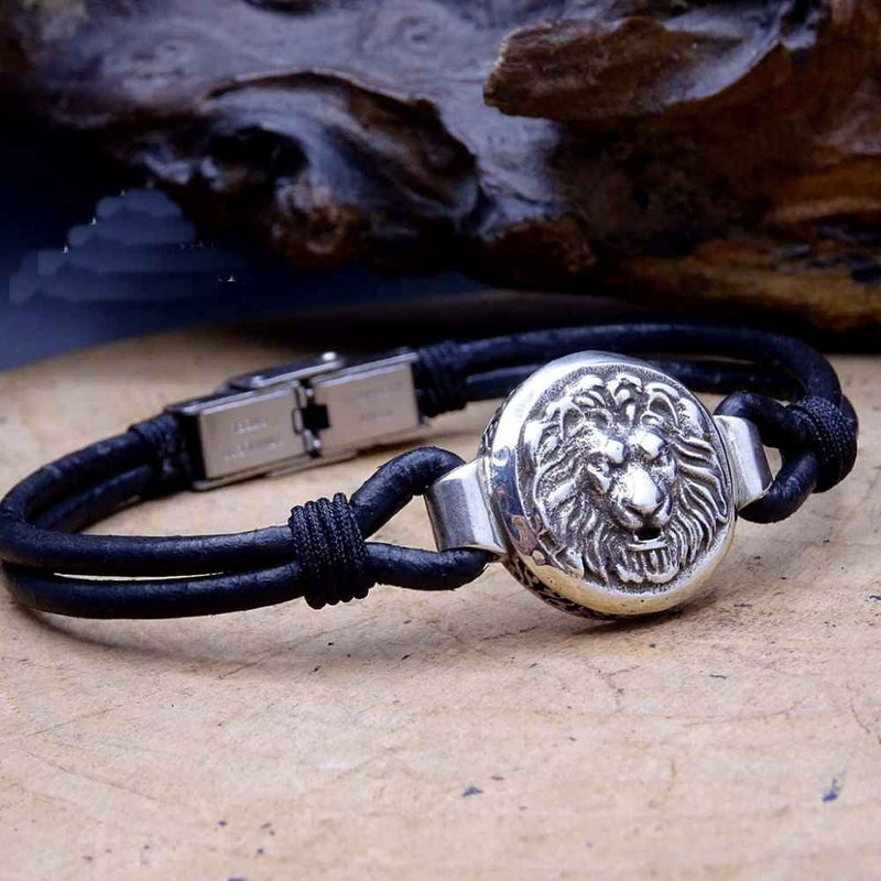 Sterling Silver Lion Men's Leather Bracelet