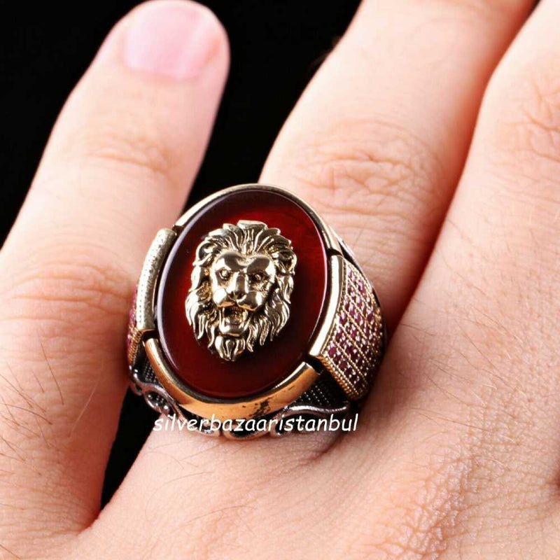 Lion Head Red Agate and Ruby Stone 925 Sterling Silver Mens Ring silverbazaaristanbul 