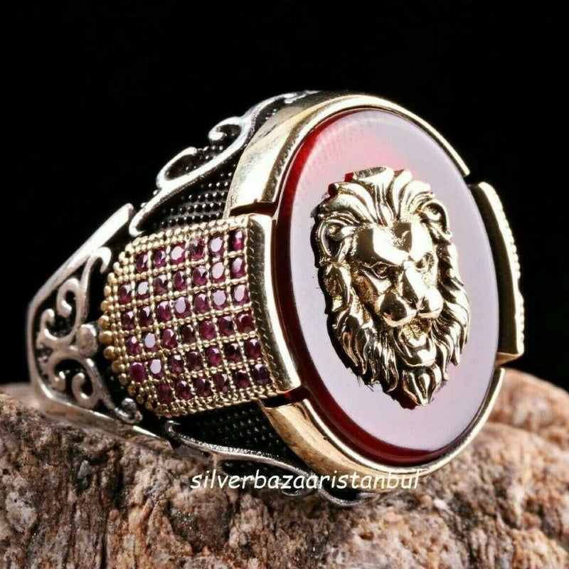 Lion Head Red Agate and Ruby Stone 925 Sterling Silver Mens Ring silverbazaaristanbul 