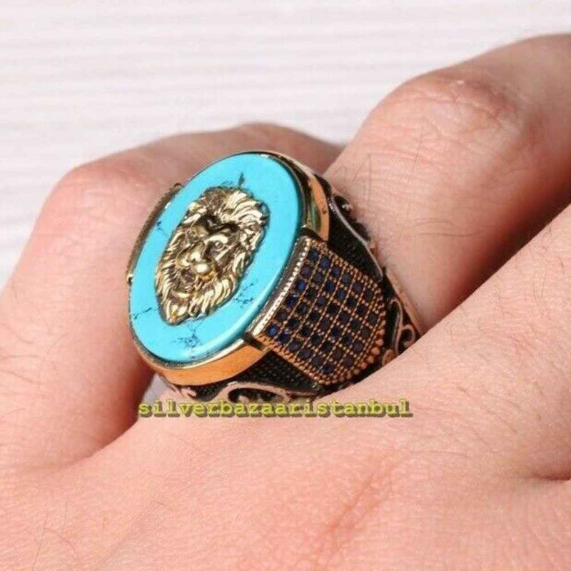 Lion Style Sapphire and Turquoise Stone Luxury Mens Ring silverbazaaristanbul 