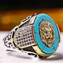 Lion Style Sapphire and Turquoise Stone Luxury Mens Ring silverbazaaristanbul 