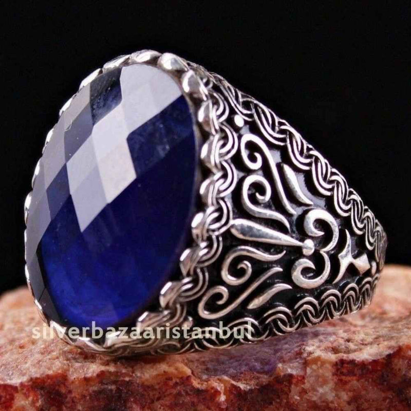 Lux 925 Sterling Silver Blue Sapphire Stone Mens Solid Ring silverbazaaristanbul 
