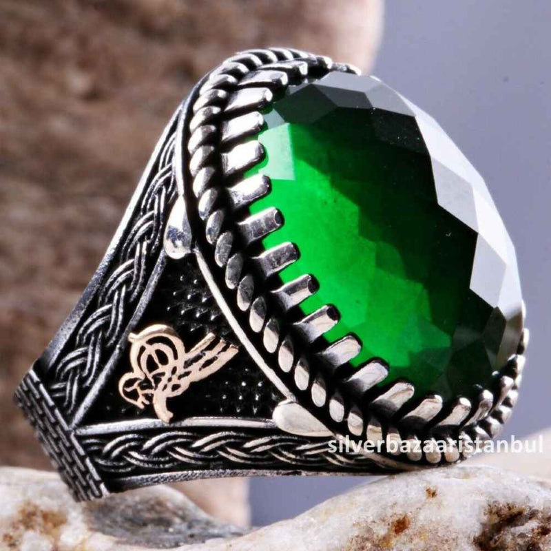 Lux Emerald Stone Ottoman Tughra 925 Sterling Silver Men Ring silverbazaaristanbul 