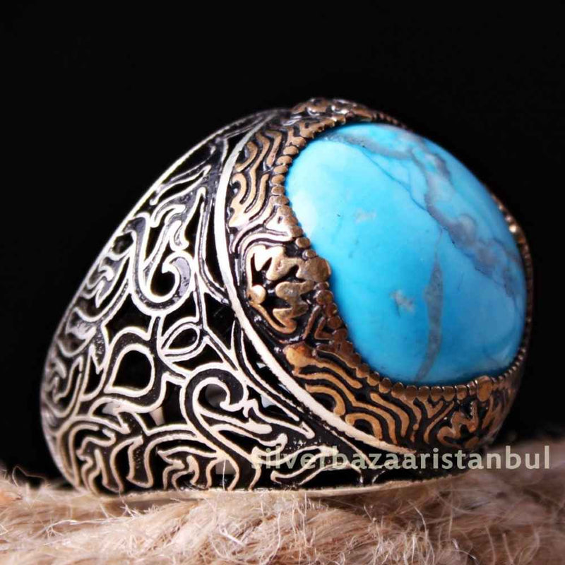 Lux Turquoise Stone Jewelry 925 Sterling Silver Mens Ring silverbazaaristanbul 
