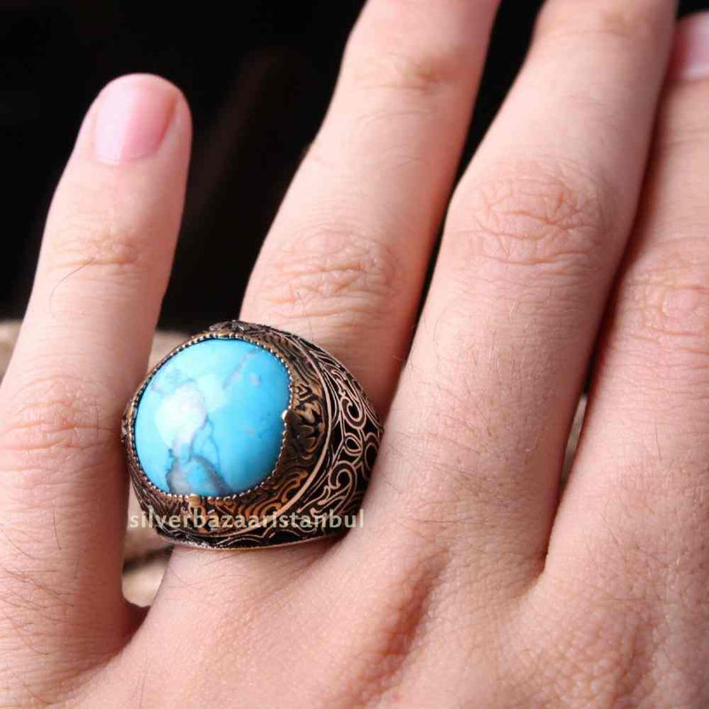 Lux Turquoise Stone Jewelry 925 Sterling Silver Mens Ring silverbazaaristanbul 
