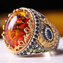 Luxury 925 Sterling Silver Fossil Amber and Sapphire Stone Mens Ring silverbazaaristanbul 