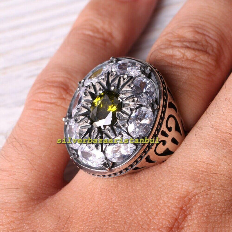 Luxury 925 Sterling Silver Peridot and Zircon Stone Mens Ring silverbazaaristanbul 