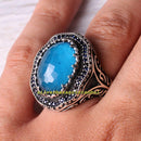 Luxury Aquamarine and Sapphire Stone 925 Sterling Silver Mens Ring silverbazaaristanbul 