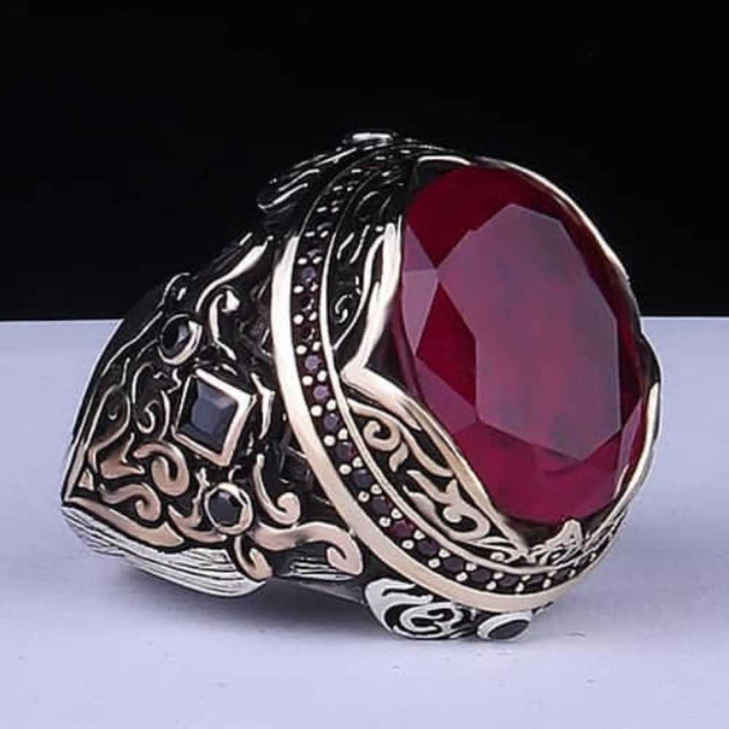 Luxury Cut Ruby and Onyx Multi Stone 925 Sterling Silver Ring for Men silverbazaaristanbul 
