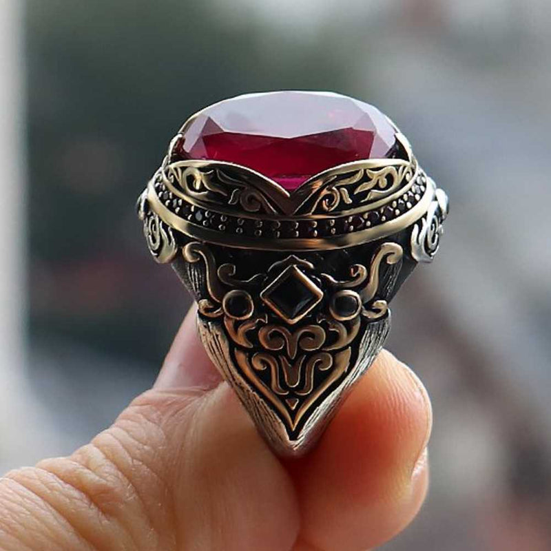 Luxury Cut Ruby and Onyx Multi Stone 925 Sterling Silver Ring for Men silverbazaaristanbul 