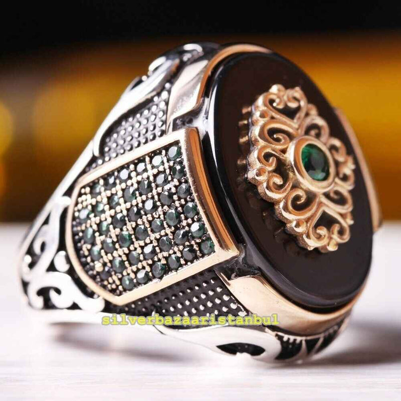 Luxury Jewelry 925 Sterling Onyx and Emerald Multi Stone Mens Ring silverbazaaristanbul 
