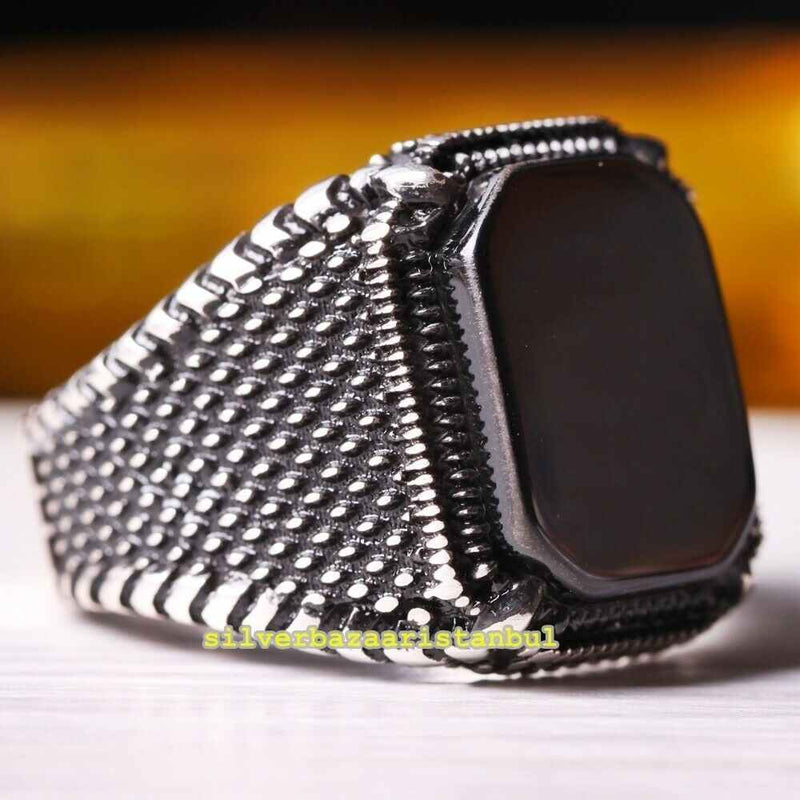 Luxury Jewelry Handmade Flat Onyx 925 Sterling Mens Ring silverbazaaristanbul 