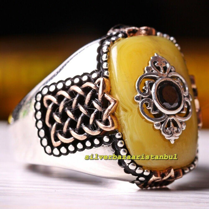 Mens Amber and Onyx Stone Exclusive 925 Sterling Silver Ring silverbazaaristanbul 