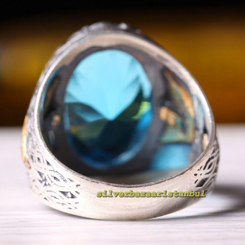 Mens Ring 925 Sterling Silver Handmade Jewelry Sweet Aquamarine Stone silverbazaaristanbul 
