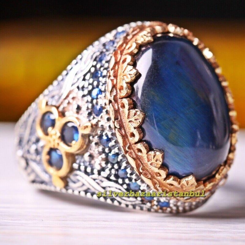 Men's Ring 925 Sterling Silver Handmade Natural Blue Tigers Eye Stone silverbazaaristanbul 