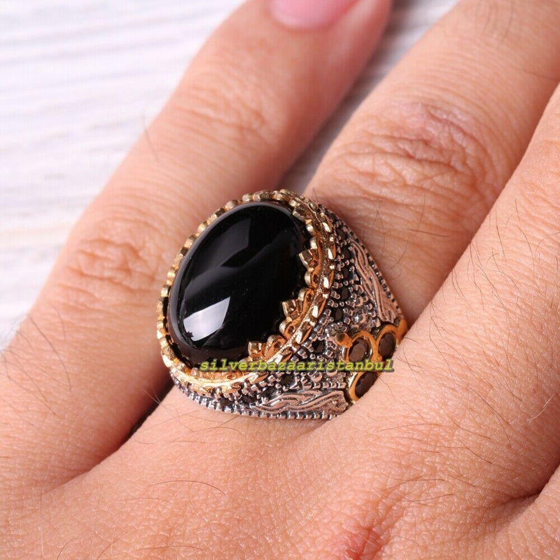 25 Piece Turkish Silver Mens Rings Black Gems Package