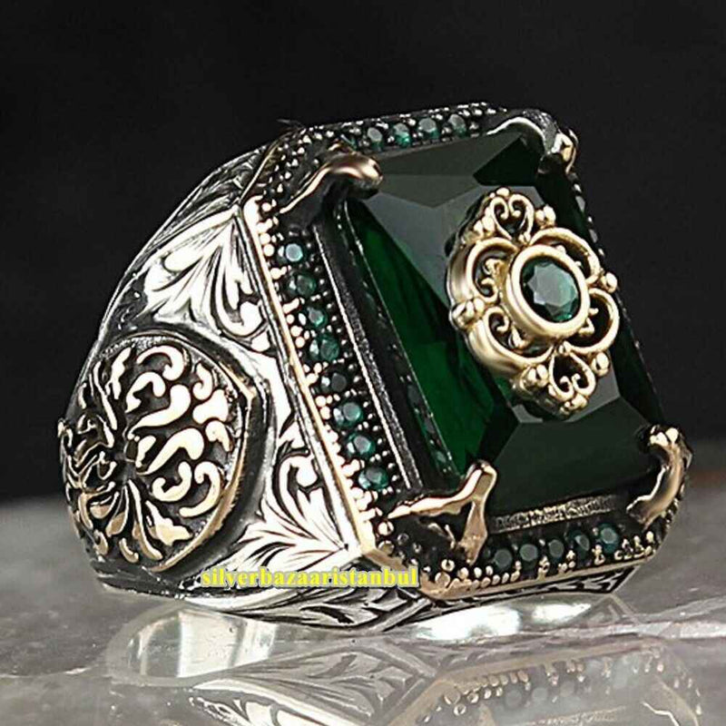 Most Popular Emerald Handmade 925 Sterling Silver Mens Ring silverbazaaristanbul 