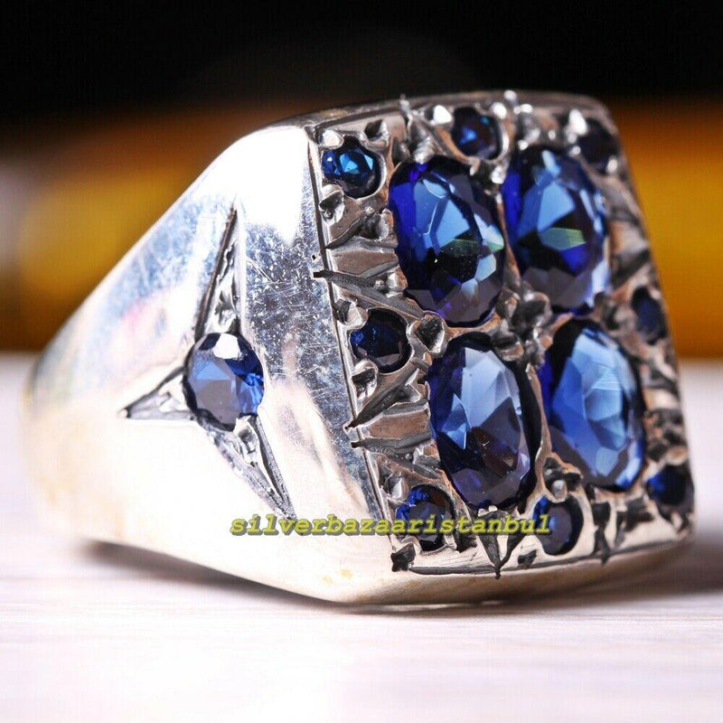 Multi Blue Sapphire Stone Luxury 925 Sterling Silver Men Ring silverbazaaristanbul 