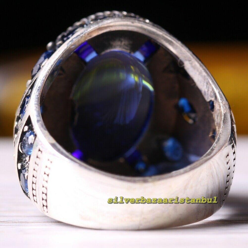 Multi Blue Sapphire Stones Handmade 925 Sterling Silver Mens Ring silverbazaaristanbul 