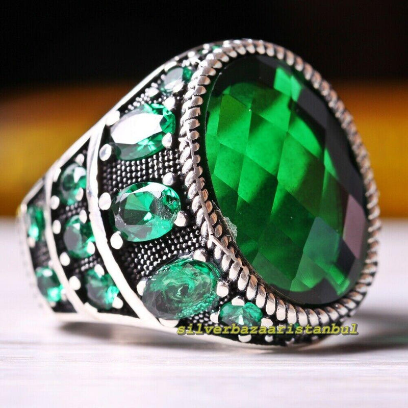 Emerald Stone Men Silver Ring, 925 Sterling Silver Emerald Gemstone Ri