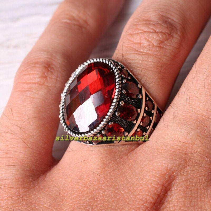 Multi Red Ruby Stones Handmade 925 Sterling Silver Mens Ring silverbazaaristanbul 