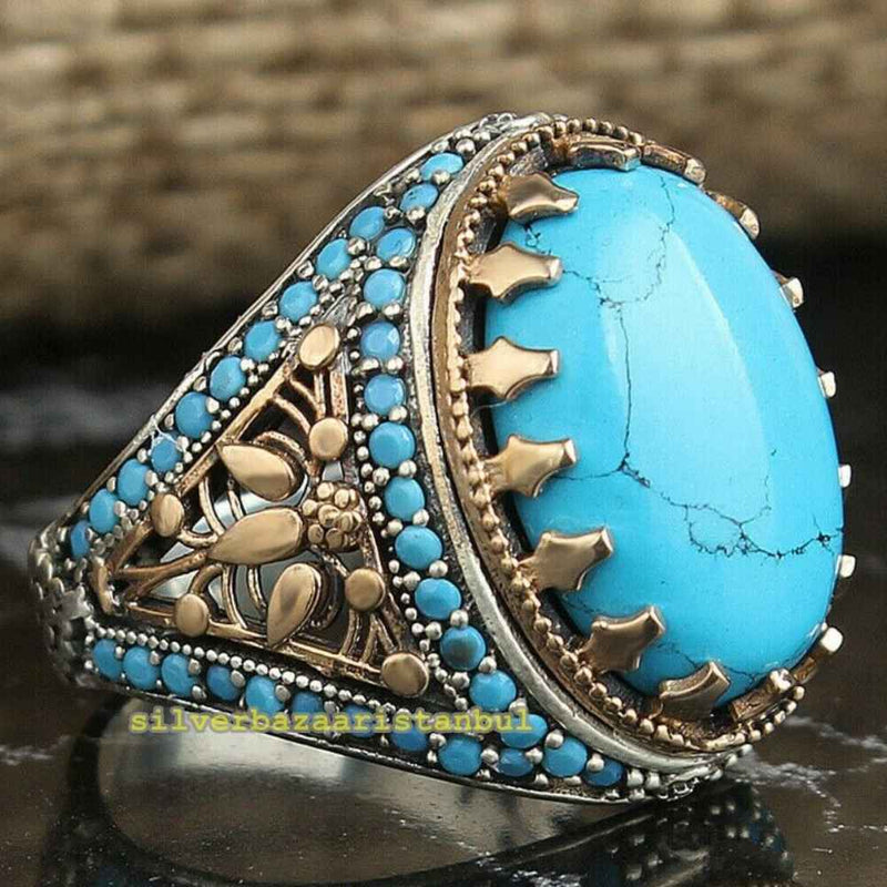 Multi Small Turquoise Stones Heavy 925 Sterling Silver Mens Ring silverbazaaristanbul 