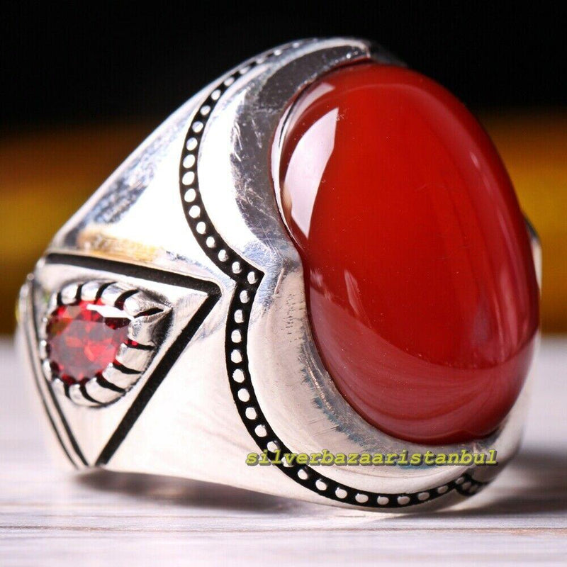 Natural Agate Aqeeq and Ruby Stone 925 Sterling Silver Mens Ring silverbazaaristanbul 