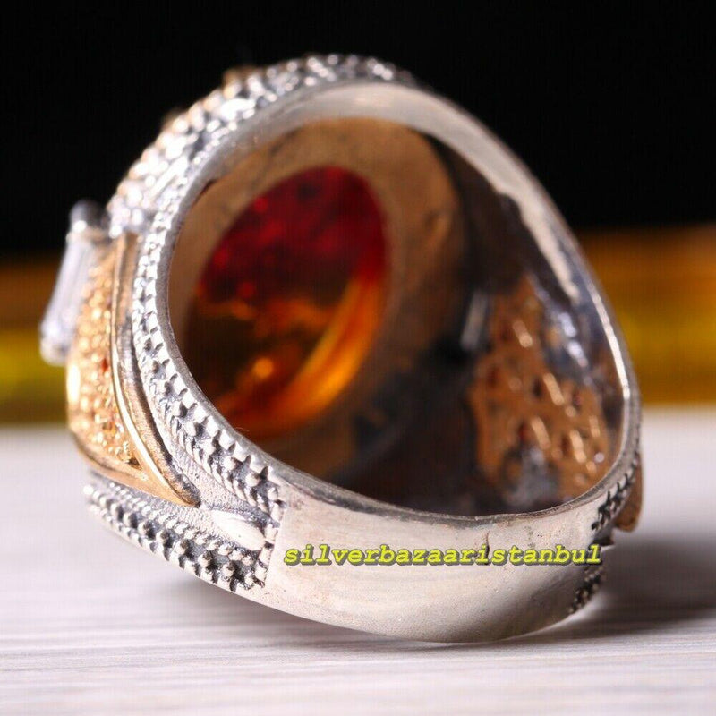 Natural Citrine and Fossil Amber Stone 925 Sterling Silver Mens Ring silverbazaaristanbul 