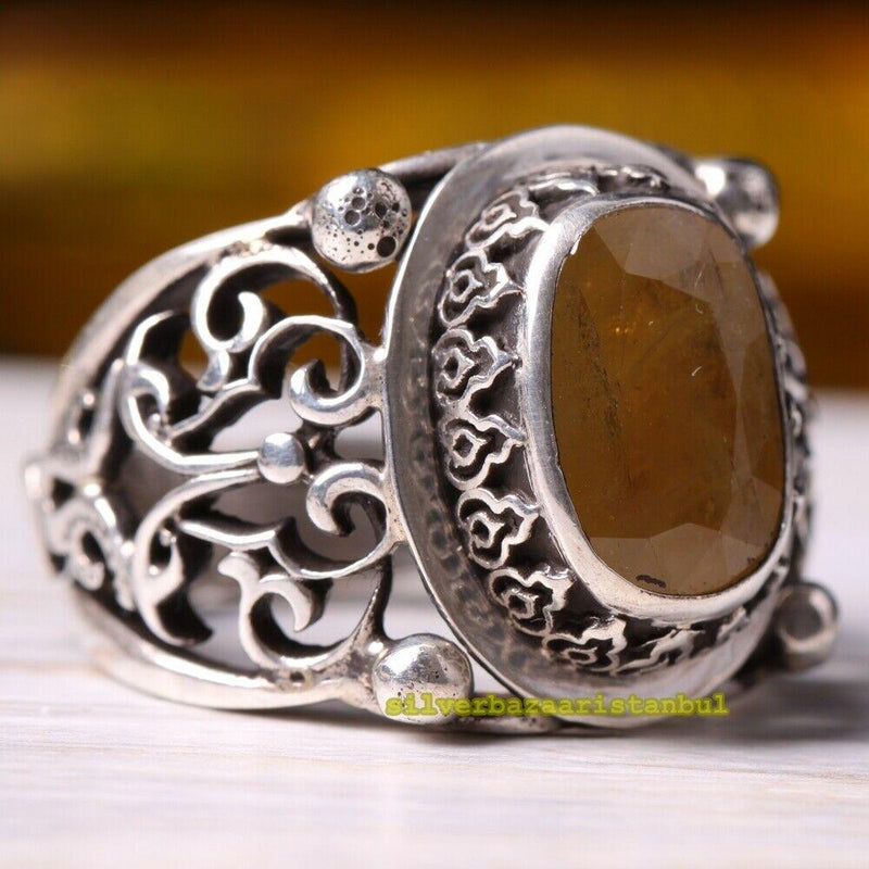 Natural Citrine Stone Turkish Handmade 925 Sterling Silver Mens Ring silverbazaaristanbul 