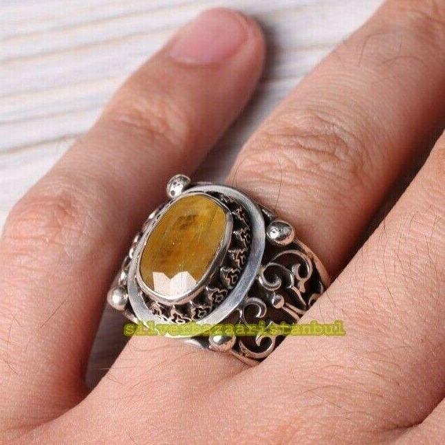 Natural Citrine Stone Turkish Handmade 925 Sterling Silver Mens Ring silverbazaaristanbul 