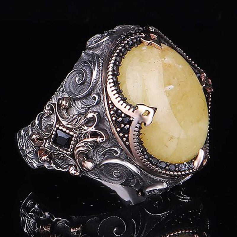 Natural Drop Amber Stone 925 Sterling Silver Mens Ring silverbazaaristanbul 