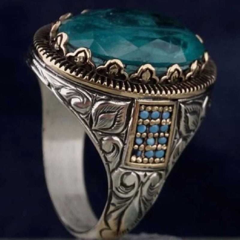Natural Green Tourmaline Stone 925 Silver Hand Engraved Mens Ring silverbazaaristanbul 