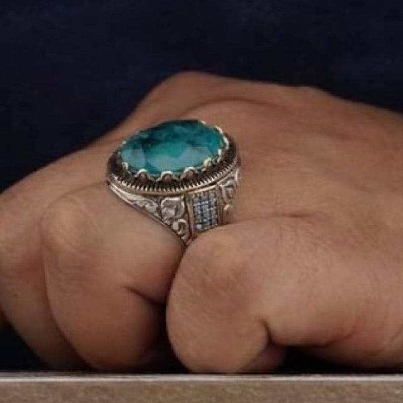 Natural Green Tourmaline Stone 925 Silver Hand Engraved Mens Ring silverbazaaristanbul 