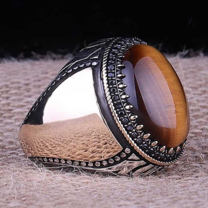 Natural Oval Brown Tigers Eye Stone Handmade Mens Ring silverbazaaristanbul 