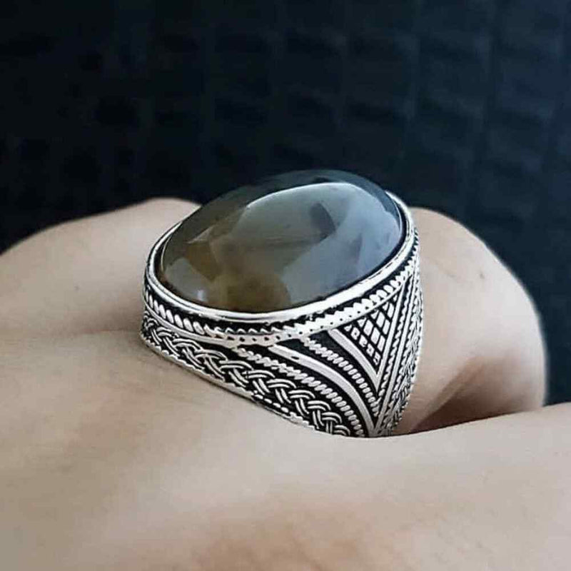 Natural Oval Yemeni Agate Stone 925 Sterling Silver Mens Ring silverbazaaristanbul 