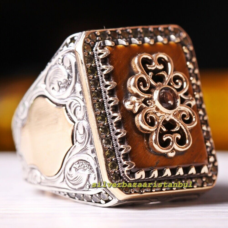 Natural Tigers Eye and Peridot Stone 925 Sterling Silver Mens Ring silverbazaaristanbul 