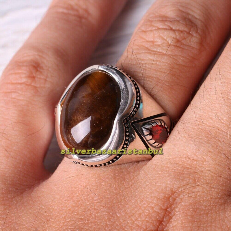 Natural Tigers Eye and Ruby Stone 925 Sterling Silver Mens Ring silverbazaaristanbul 