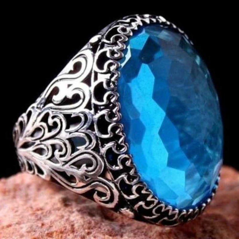 New Blue 925 Sterling Silver Aquamarine Stone Mens Ring silverbazaaristanbul 