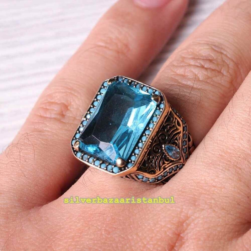New Fresh Aquamarine Stone 925 Sterling Silver Mens Ring silverbazaaristanbul 